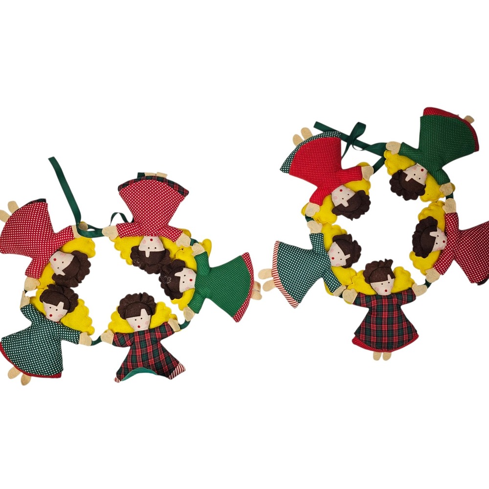 Vintage Style Fabric Angel Christmas Garland Set of 2 Red Green Plaid Folk Art